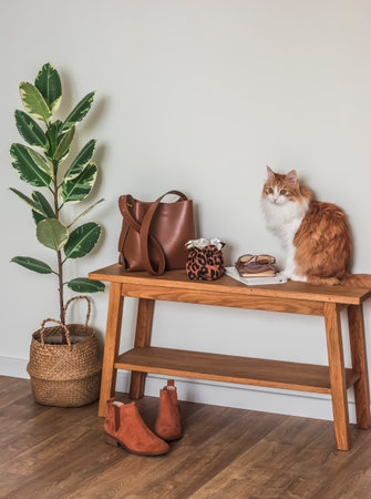 A red cat, a woman's bag on a wooden bench, Chelsea boots, a homemade flower in a basket in the...