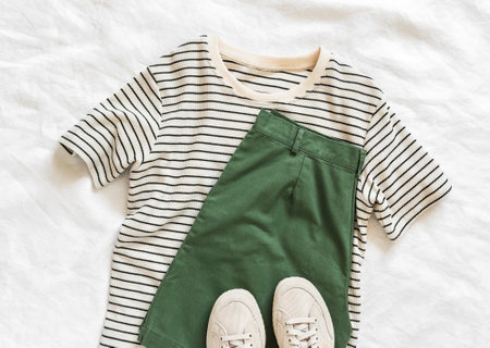 Women's clothing - bermuda cotton shorts, striped t-shirt and textile sneakers on a light background, top viewの写真素材