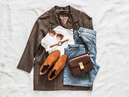 Women's clothing - plaid jacket, white t-shirt, jeans, chelsea on a light background, top view