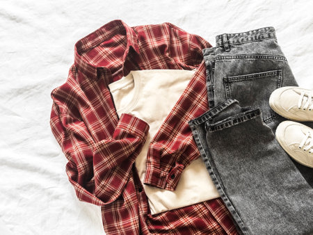 Women's comfortable casual clothes - gray jeans, red plaid shirt, t-shirt and sneakers on a light...