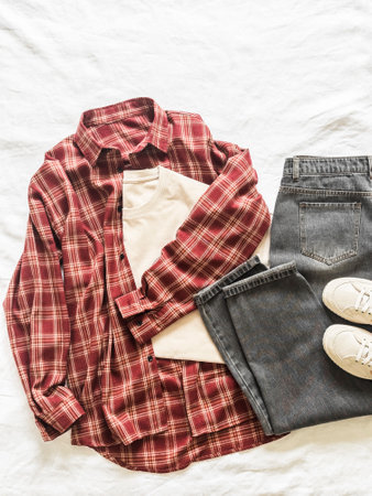 Women's comfortable casual clothes - gray jeans, red plaid shirt, t-shirt and sneakers on a light background, top viewの写真素材