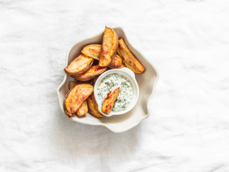 Baked potatoes with tzadziki sauce on a light background, top view