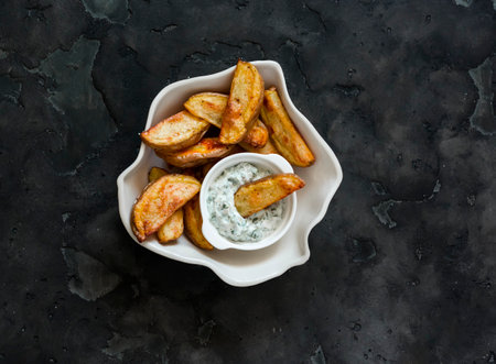 Baked potatoes with tzatziki sauce on a dark background, top view