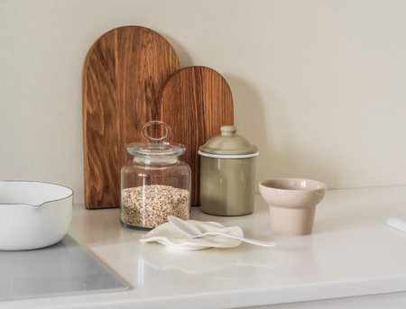 Morning routine. Cooking oatmeal for breakfast. The aesthetic interior of the kitchen in a minimalist styleの写真素材