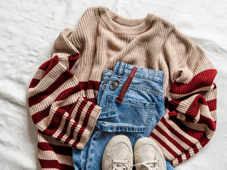 Beige sweater with burgundy stripes, blue jeans, sneakers, accessories - women's clothing on a light...