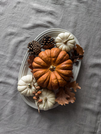 A plate with natural decor for table setting - pumpkins, cones, foliage on an oval dish on a table with a gray linen tableclothの写真素材