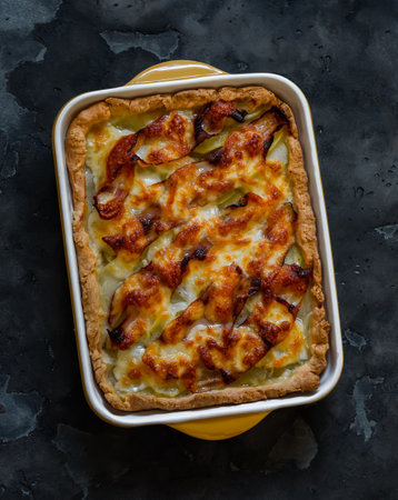 Pie with potatoes, bacon and mozzarella cheese in a baking dish on a dark background, top viewの写真素材