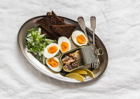 Delicious snack, tapas, breakfast, snack - canned mackerel, boiled eggs, cucumber salad, rye bread on a light background, top viewの写真素材