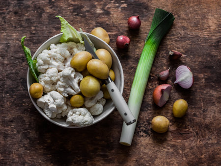 Ingredients for cooking lunch - potatoes, cauliflower, leeks, red onion, garlic on a wooden background, top viewの写真素材