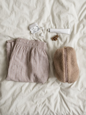 Cozy homemade women's accessories - homemade cotton trousers, cosmetic bag, hand cream, headphones,...