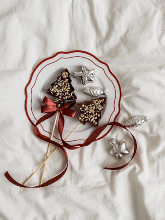 Chocolate Christmas tree figurines with nuts on a stick. Creative chocolate dessert on a plate on a light background, top viewの写真素材