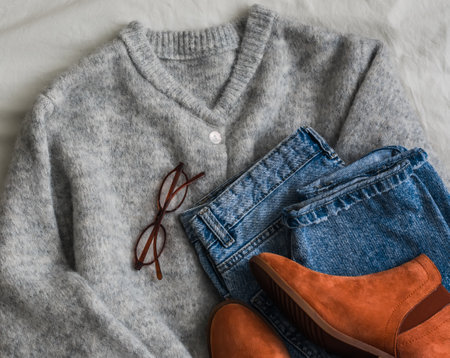 Women's clothing and accessories - blue jeans, gray cardigan, brown suede chelsea, glasses on a light background, top viewの写真素材