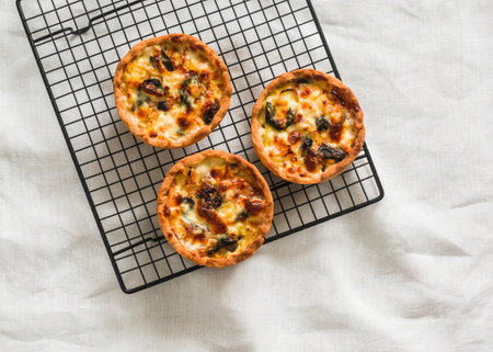 Mini pies with chicken, potatoes, spinach and leeks on a baking rack on a light background, top viewの写真素材