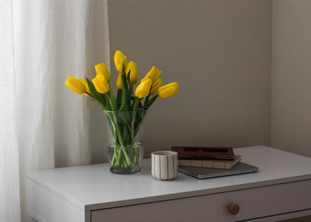 A cup of coffee, a bouquet of yellow tulips, a laptop, a notebook on the desktopの写真素材