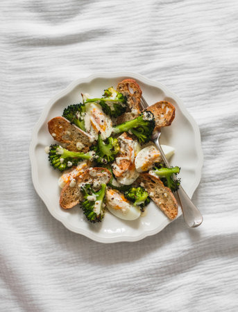 Alternative caesar salad with broccoli on a light background, top viewの写真素材