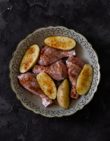 Lunch and dinner preparation - raw chicken legs and potatoes with olive oil and spices in a baking dish on a dark backgroundの写真素材