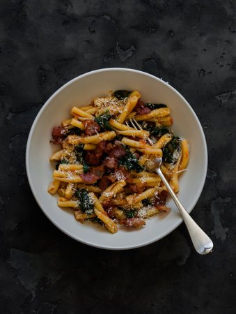 Quick pasta recipe - casarecce with spinach and bacon on a dark background, top viewの写真素材