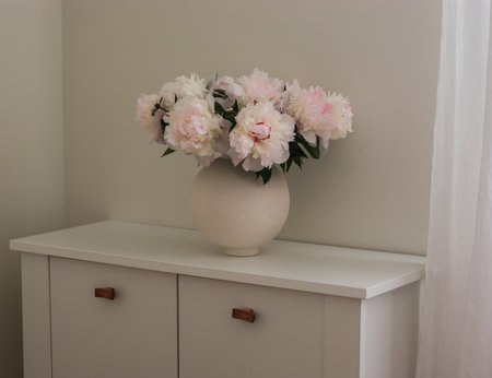 Bouquet of white peonies in a ceramic vase on a white chest of drawers in the living roomの写真素材