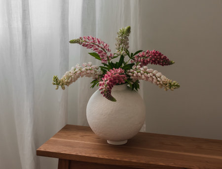 Bouquet of lupines in a round ceramic vase on a wooden benchの写真素材