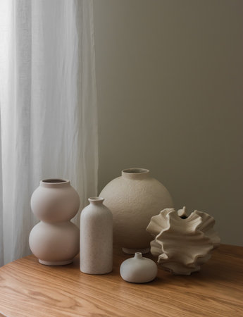 A variety of ceramic vases on a wooden tableの写真素材