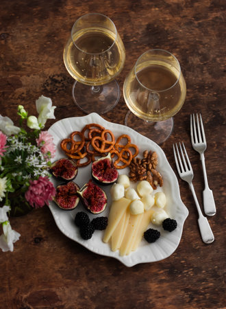 Aperitif table - two glasses of white wine and a plate of appetizers on a wooden table, top viewの写真素材