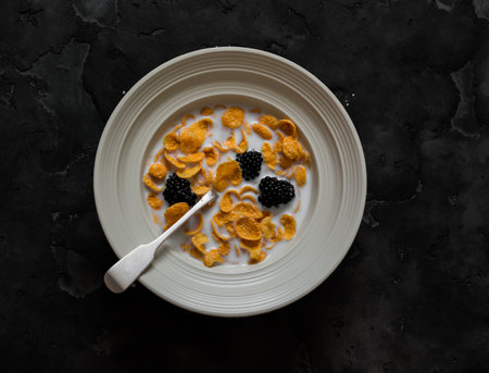 Delicious breakfast, snack - cornflakes with blackberries on a dark background, top view