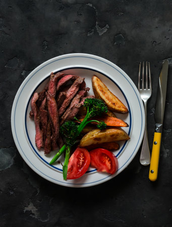 Delicious lunch, dinner - beef steak, baked potatoes, broccoli on a plate on a dark background, top...