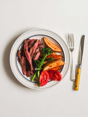 Delicious lunch, dinner - beef steak, baked potatoes, broccoli on a plate on a light background, top viewの写真素材