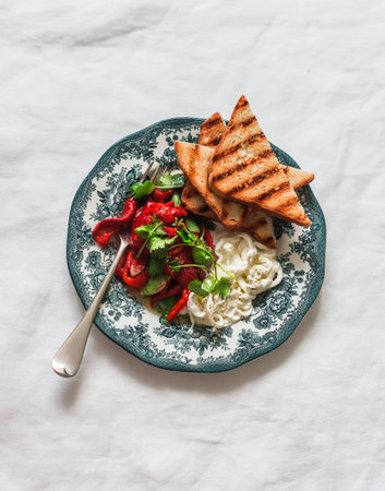 Delicious appetizer, grilled pickled peppers, stracciatella cheese, coriander, toasts on a light background, top viewの写真素材