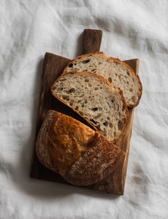 Sourdough homemade tartine bread on a wooden cutting board on a light background, top viewの写真素材