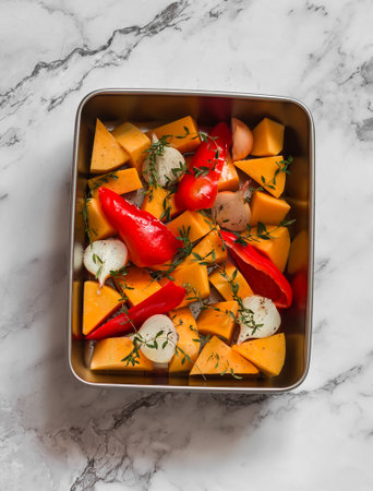 Ingredients for making pumpkin soup - pumpkin, sweet pepper, onion, garlic, thyme, olive oil in a baking dish on a marble backgroundの写真素材