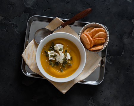 Pumpkin puree soup with turmeric, cream cheese and pumpkin seeds on a metal tray on a dark background, top viewの写真素材