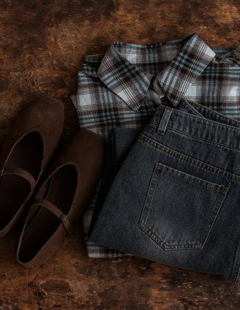 Women's clothing - plaid shirt, gray jeans, brown suede on a wooden background, top viewの写真素材