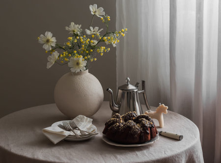 A chocolate cake with chocolate icing and nuts, a coffee pot, plates, a bouquet of flowers in a vase...