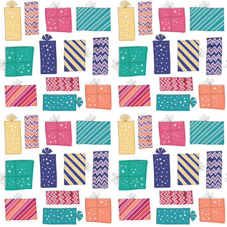Cute party presents seamless pattern. Paper-wrapped gifts with ribbons and bows in fun and colorful colors. Christmas, birthday and new year.のイラスト素材