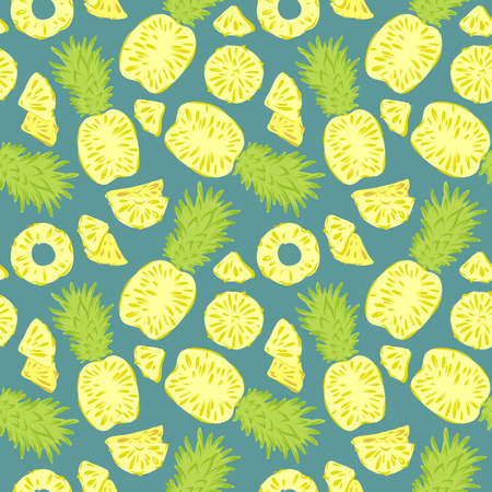 Seamless pattern of sliced slices and whole pineapples. Vector illustration in the style of hand...