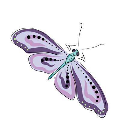 Hand drawn moth and butterflies. pastel colored vector illustration. Lilac, purple, pink, cyan and turquoise color with black lines and dots. Elements isolated.のイラスト素材