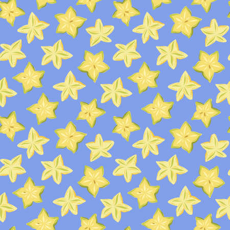 Seamless pettern with star fruit outline carambola isolated on blue background. Illustration of tropical plant. Hand drawn style.のイラスト素材
