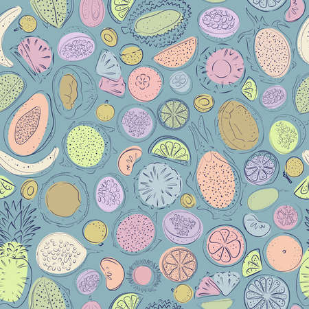 Seamless pattern with pastel fruit - papaya, lemon, orange, tangerine, mango, mangosteen, rambutan, coconut, dragonfruit. passionfruit, banana, longan, ananas, durian, maracuja on blue backgroundのイラスト素材