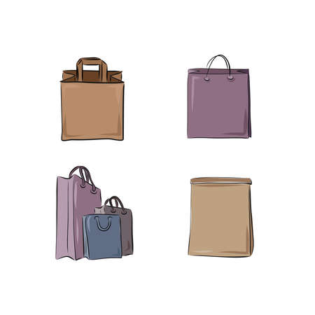 Paper bags for carrying goods and products, for purchases and deliveries. Vector illustration in sketch style and hand drawing. Set for your creativity on a white background.のイラスト素材