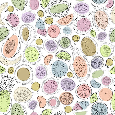 Seamless pattern with pastel fruit - papaya, lemon, orange, tangerine, mango, mangosteen, rambutan, coconut, dragonfruit. passionfruit, banana, longan, ananas, durian, maracuja on white backgroundのイラスト素材