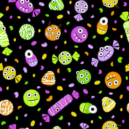Seamless pattern for the holiday Halloween with candies and sweets. Sugar lollipops of corn grains and candy dots on a black background.のイラスト素材