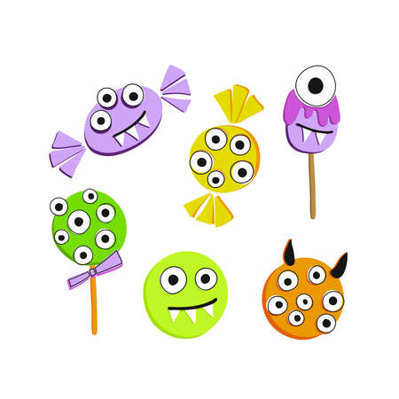 Halloween candy collection. A set of sweets. Popular on selected desserts, sweets for children. Jelly, candies, toffee, caramel, licorice. Hand drawn food for the holiday.のイラスト素材