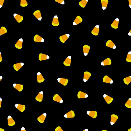 Seamless pattern for the holiday Halloween with candies and sweets. Corn grains sugar lollipops and candy on a black background. For children, textiles and paper.のイラスト素材