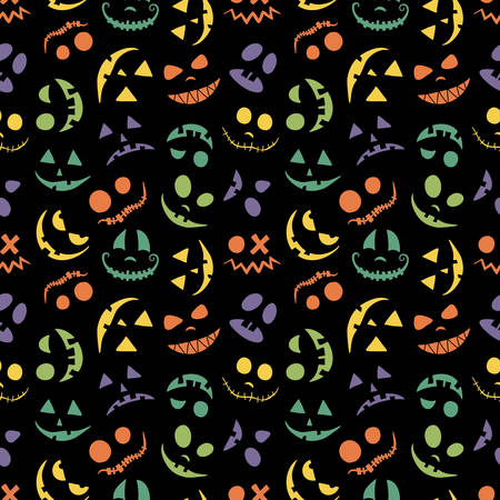 Pumpkin face, Jack o Lantern seamless pattern for Halloween background. Multi-colored eyes and smiles are kind and scary. For baby and child textiles and paper.のイラスト素材
