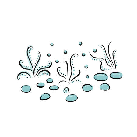 Underwater algae set. Vector watercolor marine life. Hand drawn various green plants, seaweeds, kelps, stones, bubbles isolated on white background.のイラスト素材