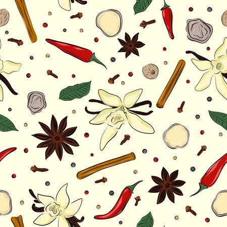 Seamless background with spices - cinnamon, anise, vanilla with flower, cardamom, cloves, nutmeg. Hand drawn spices background in sketch and cardboard style. For paper, fabric, kitchen, cafe textilesのイラスト素材