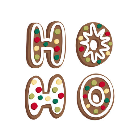 Christmas vector gingerbread letters HO HO and stars snowflakes on a white background Hand drawn in cartoon style. The traditional colors for the holiday are red, green and yellow. Delicious cookiesのイラスト素材