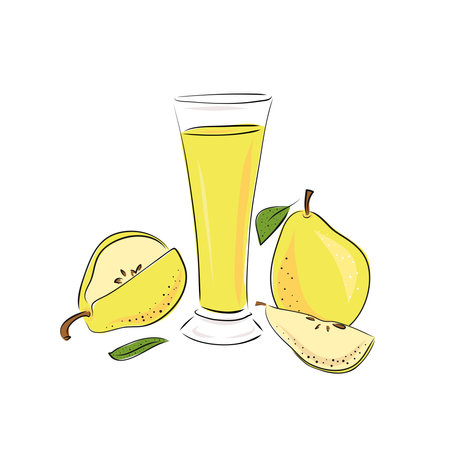 Hand drawn vector illustration of a glass with pear juice, a whole apple and slices. Smoothies on a white background. Beverages. Detox. Diet. Healthy lifestyle, food. Scribble. Hand drawing. Sketchのイラスト素材