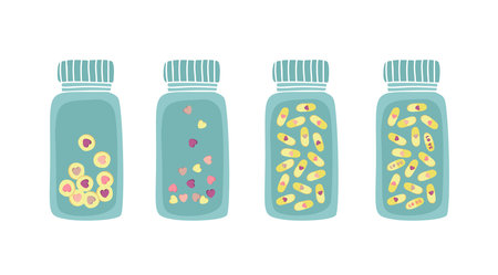 Valentines sweets heart pills on white background. Vitamins of love. In cute packages. Health care concept. Cute pastel colors isolated on white background. Hand drawn.のイラスト素材